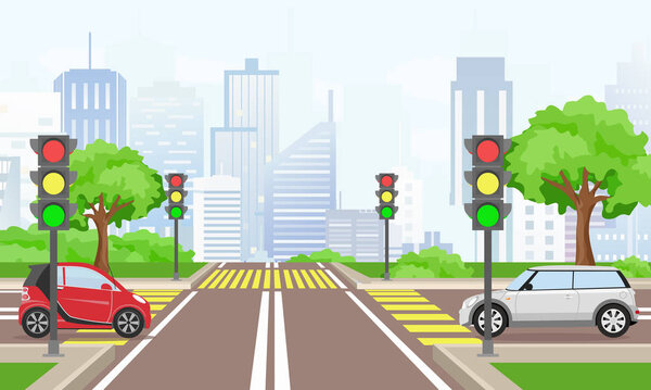 Векторная иллюстрация дорожного перекрестка с автомобилями в большом современном городе. Улица с светофорами в плоском стиле
.