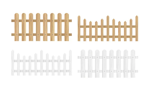 Set di illustrazioni vettoriali delle diverse recinzioni in legno di colore marrone chiaro e bianco e diverse forme in stile piatto . — Vettoriale Stock