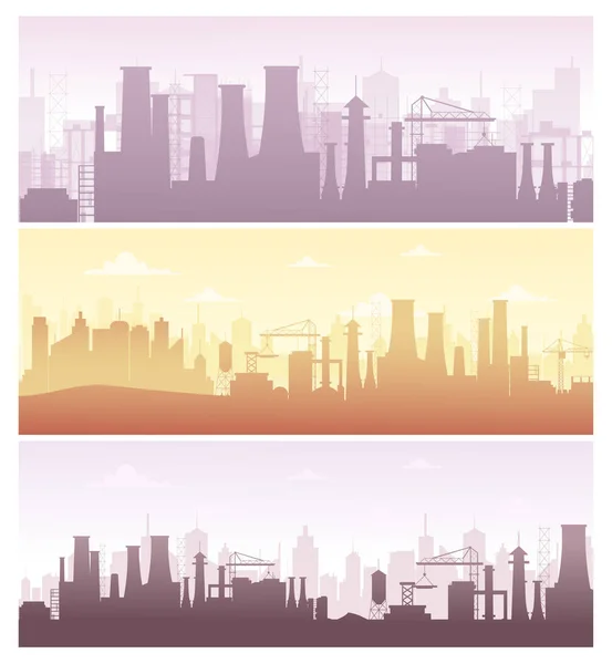 Vector illustration set of industrial backgrounds, banners. Collection of manufacture landscapes with pollution, factory silhouettes in pastel colors, flat style. — Stock Vector