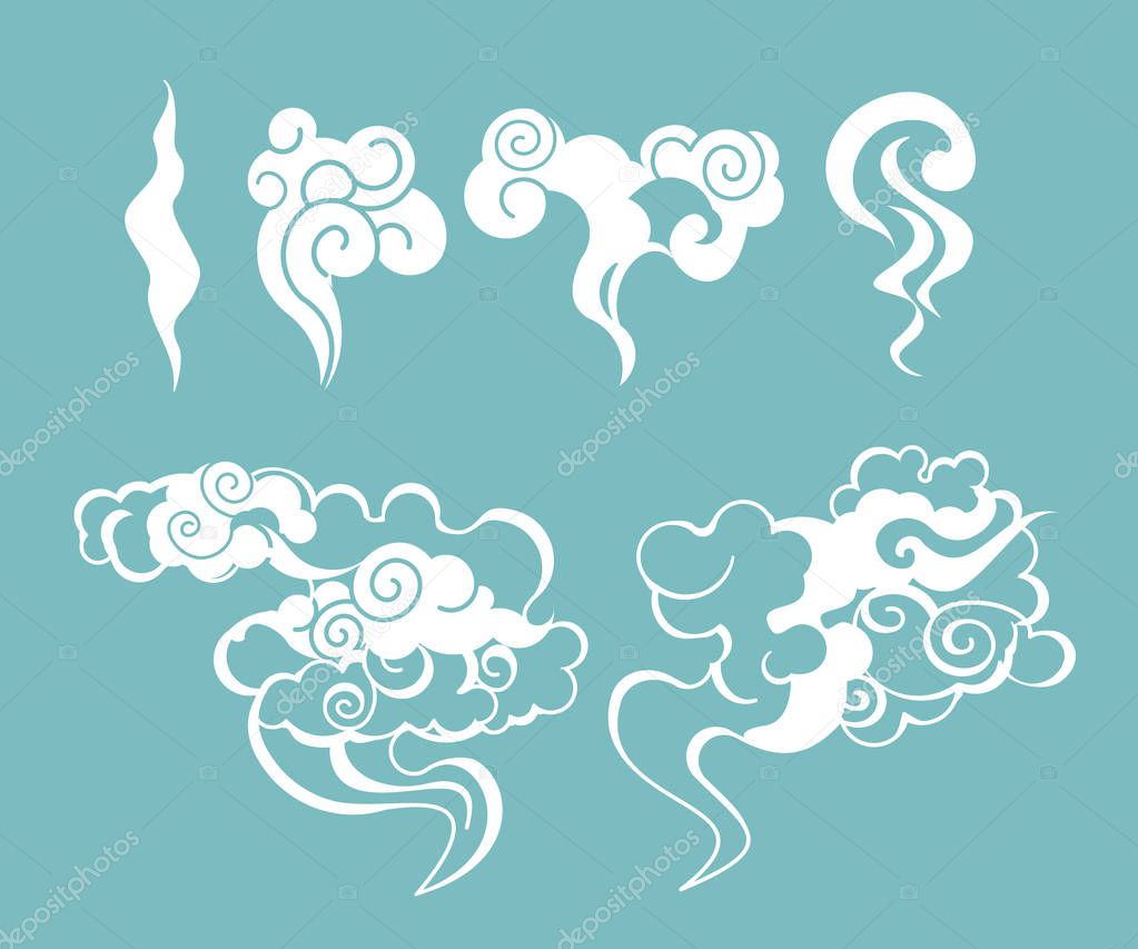 Vector illustration set of smoke, smell, clouds and steam in cartoon style.
