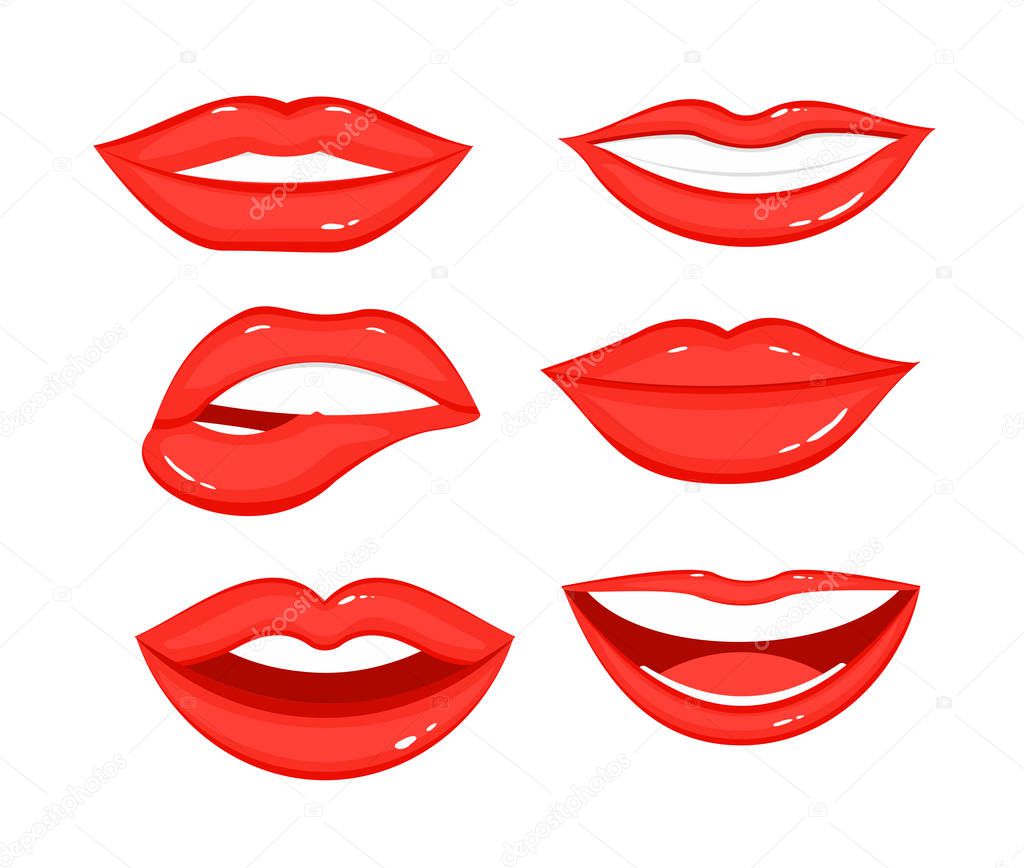 Vector Illustration collection of red lips with white teeth, different positions and emotions of women mouth on white background in flat style.