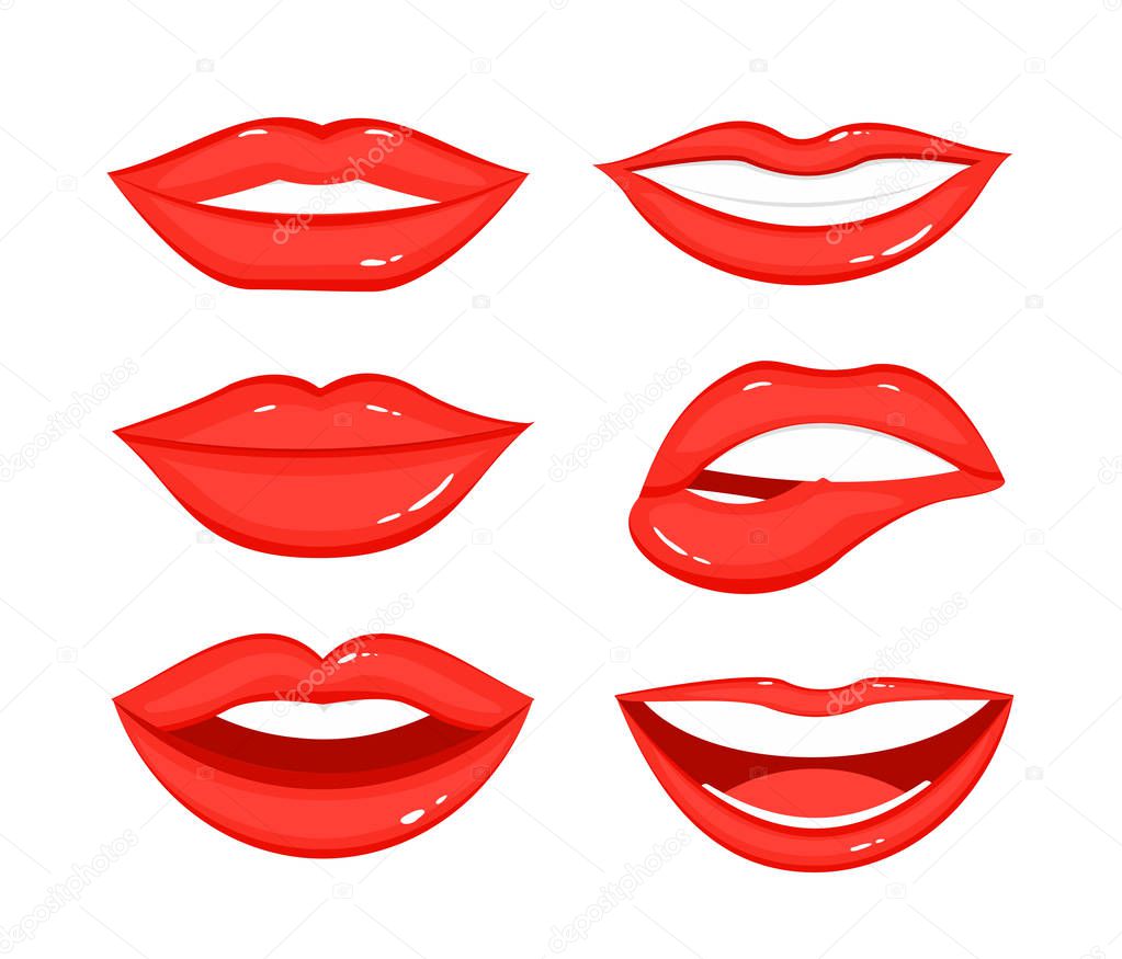 Vector illustration set of woman s lip gestures. Girl mouths in different positions, emotions, close up with red lipstick makeup in flat style on white background.
