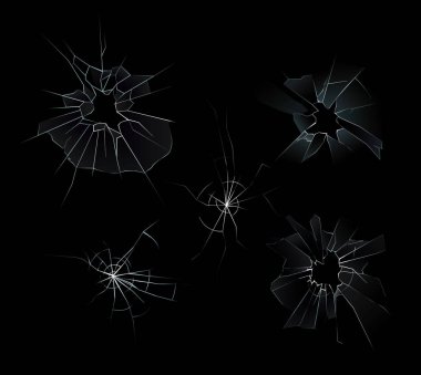Vektör çizim kırık cam çatlak ve delikleri, farklı çizikler ile siyah arka plan üzerine kümesi.