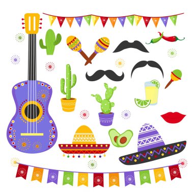 Vector illustration set of carnaval fiesta elements in bright colors and mexican style. Cinco de Mayo collection sombreros, a guitar, cactus flowers in flat cartoon design. clipart