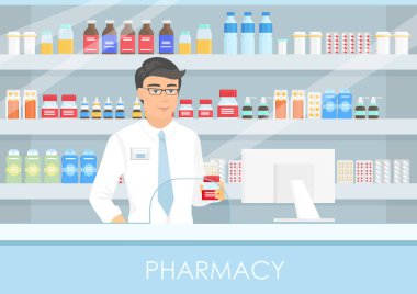 Yakışıklı erkek eczacı eczane sayaç vektör Illustration. bir eczacı, tıp, kapsül ve uyuşturucu şişe bir raf. Tıbbi sağlık kavramı ödenen.