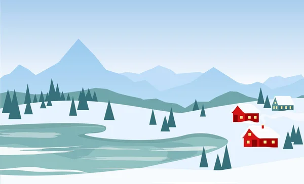 Векторная иллюстрация красивого зимнего пейзажа с красными домами на фоне гор и озером в плоском мультяшном стиле . — стоковый вектор