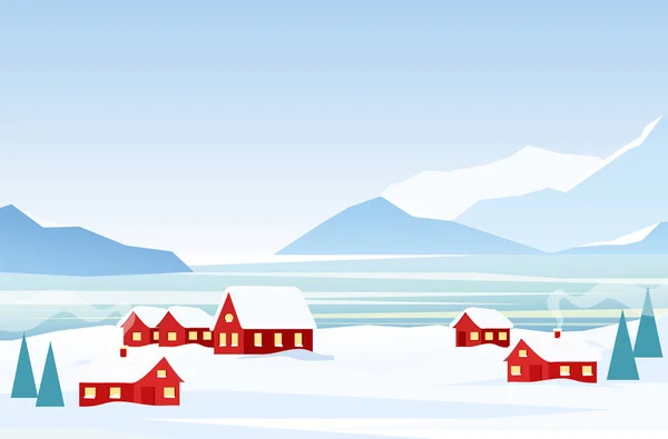 Ilustração vetorial da paisagem de inverno com casas vermelhas à beira-mar congeladas, montanhas de neve no fundo. Paisagem ártica em estilo cartoon plano . — Vetor de Stock