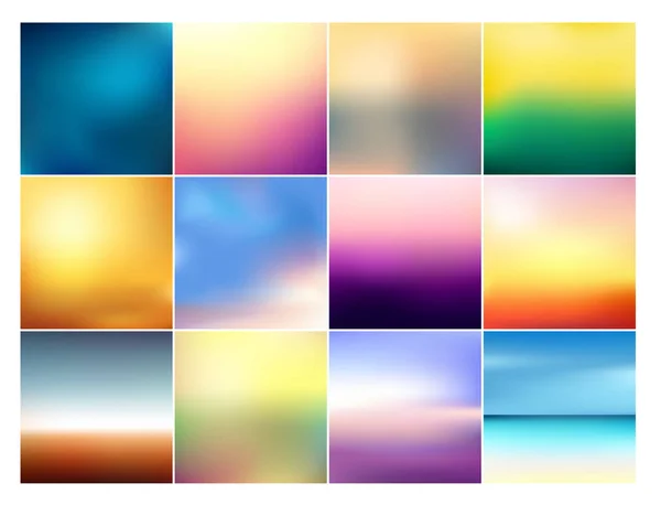 Conjunto de ilustración vectorial de 12 fondos cuadrados borrosos en colores pastel. Hermosos gradientes de puesta de sol y amanecer mar borrosa fondo colección . — Archivo Imágenes Vectoriales