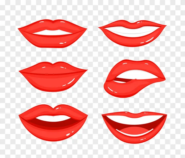 Vector illustratie collectie rode lippen op transparante achtergrond. Mooie vrouwen mond in verschillende posities in platte cartoon stijl. — Stockvector