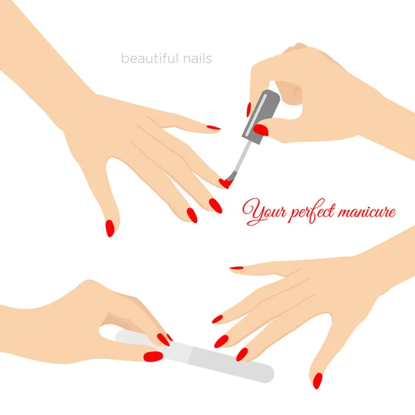 Illustrazione vettoriale del concetto di manicure, salute delle unghie. Cura di mani e unghie. Nail Design, smalto e manicure con spazio per testo in stile piatto . — Vettoriale Stock