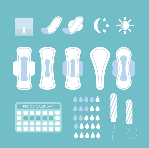 Vektor Illustration Set von Damenhygieneeinlagen, Tampons und anderen Hygieneprodukten und Infografik-Elementen auf blauem Hintergrund im flachen Cartoon-Stil. — Stockvektor