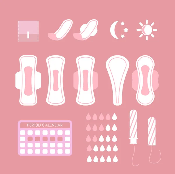 Векторні ілюстрації набору іконок жіночої гігієни. Мультфільм плоский дизайн гігієнічних прокладок, тампонів, календаря та інфографічних елементів ізольовані на рожевому фоні . — стоковий вектор