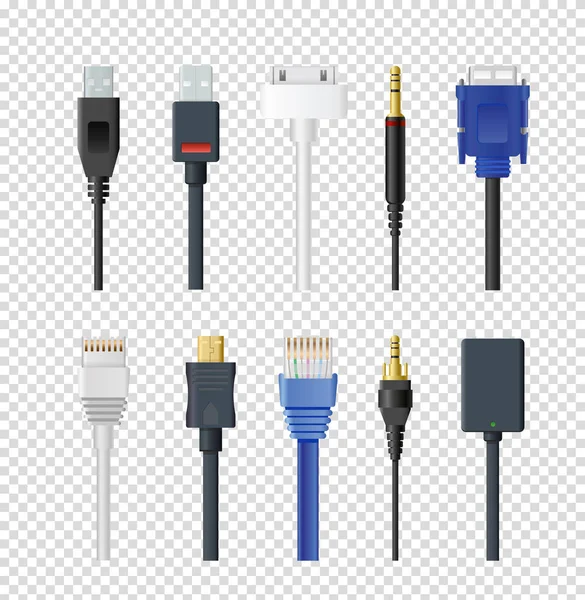 Vektorové ilustrace sada různých svíček a kabelů, barevné různé audio konektory a vstupy sběr na průhledném pozadí. — Stockový vektor