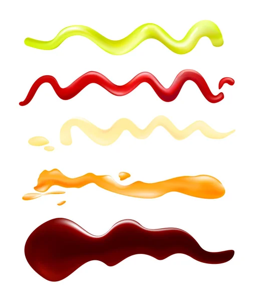 在白色背景下描绘不同酱油、酱油、蜂蜜和芥末、芥末、蛋黄酱和番茄酱斑点的带的矢量插图集. — 图库矢量图片