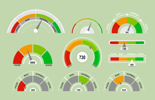 Vektor Illustration Set von Tachometern Messsymbolen. Indikatoren-Sammlung mit verschiedenen Zeigern im flachen Cartoon-Stil. — Stockvektor