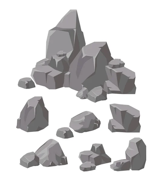 Conjunto de ilustración vectorial de rocas y piedras de colores grises. Piedra de dibujos animados y elementos para el juego en estilo plano . — Archivo Imágenes Vectoriales