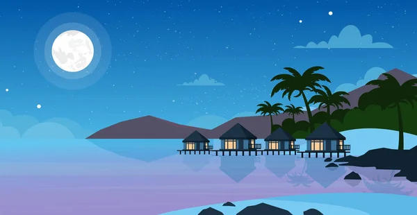 Εικονογράφηση διάνυσμα όμορφη νύχτα θάλασσα παραλία με το ξενοδοχείο. Μικρές βίλες πάνω στη θάλασσα στον ωκεανό τη νύχτα με φεγγάρι και τα αστέρια στον ουρανό. Καλοκαιρινό τοπίο, έννοιας διακοπές σε επίπεδη στυλ. — Διανυσματικό Αρχείο