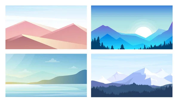 Vectorillustratie set van banners met landschappen, bergen weergave, woestijn, aan zee in vlakke stijl en pastel kleuren. — Stockvector