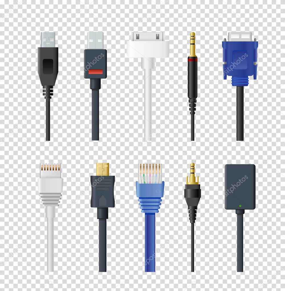 Vector illustration set of different plugs and wires, color various audio connectors and inputs collection on transparent background.
