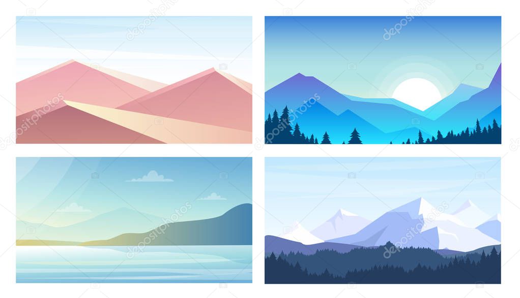 Vector illustration set of banners with landscapes, mountains view, desert, seaside in flat style and pastel colors.