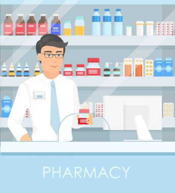Uyuşturucu ile kutu için eczacı eczane rafları ile ilaç ve puan ile vektör Illustration. Tıp kavramı, sağlık arka plan. Eczane düz çizgi film tarzı.