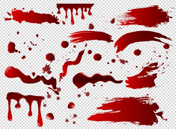 Illustration vectorielle ensemble de taches de sang, frottis, peinture rouge renversée, éclaboussures de peinture. Concept Halloween, encre ou éclaboussure de sang, isolé sur fond transparent . — Image vectorielle