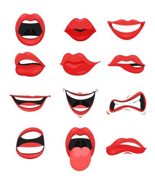 Vector illustration set of cute mouth with red lips expressions facial gestures collection. Smiling sticking, out tongue, different emotions isolated on white background. — Stock Vector