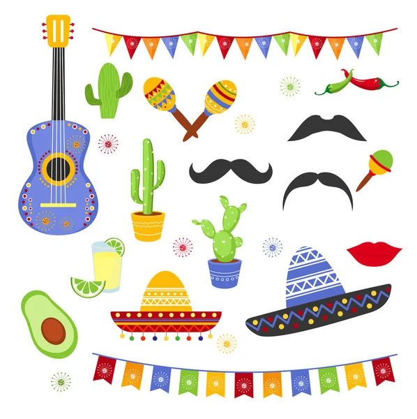Ensemble d'illustrations vectorielles d'éléments décoratifs pour Fiesta. Collection Cinco de Mayo design, chapeau mexicain style dessin animé plat, avocat, tequila, célébration, carnaval . — Image vectorielle