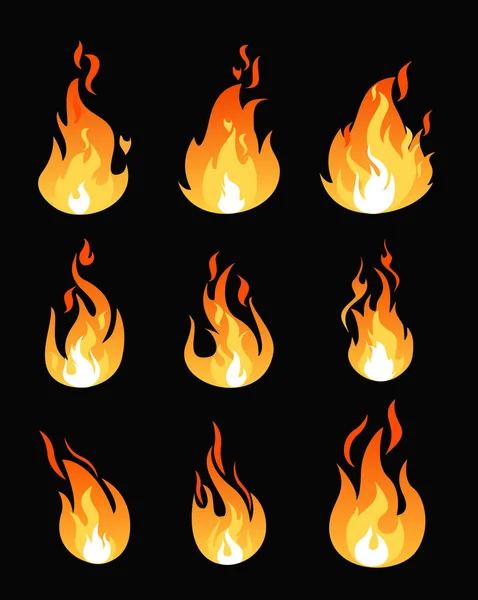 Векторні ілюстрації набір вогню полум'я різних форм. Збірка символів, що палають. Концепція гарячої енергії в стилі плоского мультфільму на чорному тлі . — стоковий вектор