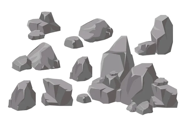 Conjunto de ilustración vectorial de rocas y piedras elementos y composiciones en estilo plano de dibujos animados. Piedra de dibujos animados para juegos y fondos . — Archivo Imágenes Vectoriales