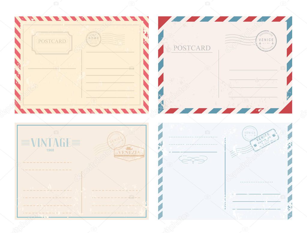 Vector illustration set of vintage postcards with stamps in retro design and pastel colors on white background.