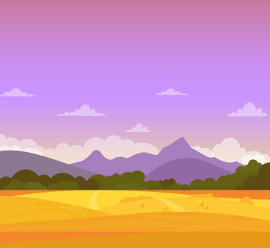Güzel renkli sonbahar peyzaj alanları, dağlar ve gökyüzü ile vektör Illustration. Tarım arazileri kavramı, düz çizgi film tarzı.