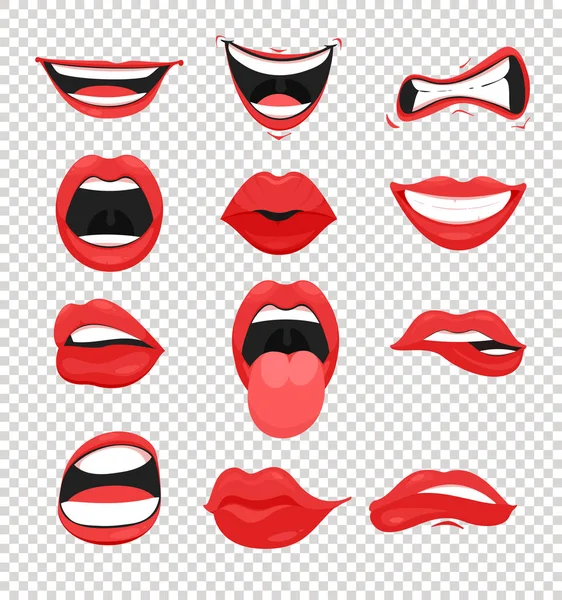 Ilustracja wektorowa ustawić czerwony dama warg. Usta pocałunkiem, uśmiech, języka i wiele emocji usta emoji na przezroczystym tle w płaski. — Wektor stockowy