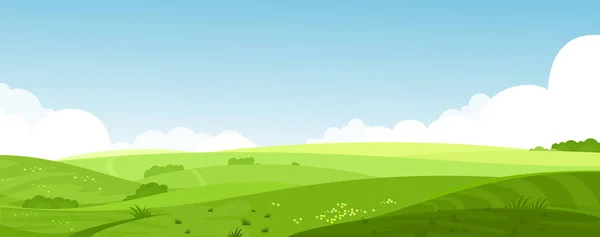 Ilustração vetorial de belos campos de verão paisagem com um amanhecer, colinas verdes, cor brilhante céu azul, fundo do país em banner estilo cartoon plana . — Vetor de Stock