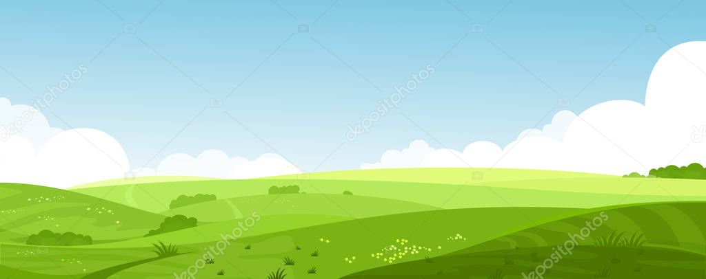 Vector illustration of beautiful summer fields landscape with a dawn, green hills, bright color blue sky, country background in flat cartoon style banner.