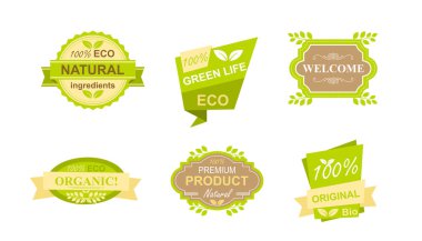 Vektör çizim kümesi çıkartmaları ve rozetleri doğal organik gıda, tarım taze ürünleri, vegan Restoran, yiyecek saklamak, sağlıklı ürünler promosyon için. Doğal ürünler rozetleri kavram düz stil.
