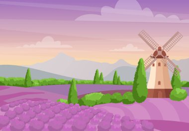 Güzel renkli yatay, yel değirmeni lavanta alanlar üzerinde vektör Illustration. Lavanta manzara dağlar ve günbatımı ile. Düz stil kavramında Provence.