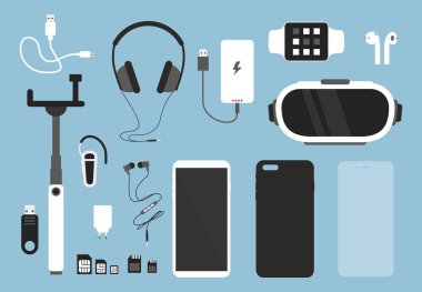 Bunun için vektör çizim set smartphone ve aksesuarları. Case, şarj cihazı, kulaklık ve koruyucu cam, kapak ile telefon ve smartphone için başka şeyler düz çizgi film tarzı.