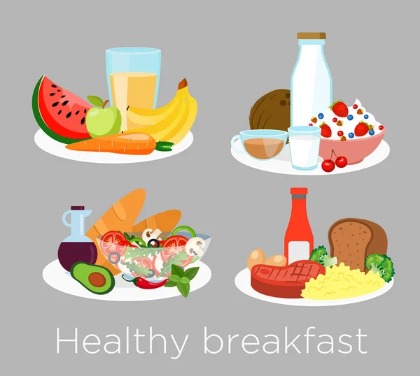 Conjunto de ilustración vectorial de diferentes tipos de alimentos saludables para el desayuno en estilo de dibujos animados. Almuerzo de café, gachas, naranja y nutrición matutina, deliciosas frutas, pan . — Vector de stock