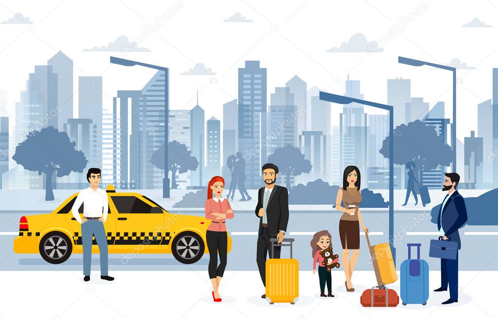 Vector illustration of people waiting taxi on the street. Many passengers are waiting for a taxi in front of the airport, big modern city background in flat style.