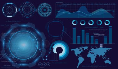 İn futuristik göstermek illüstrasyon vektör, hud tasarım, Infographic, tarama grafik veya dalgalar, ok ve çubuğu Ayalayıcı uyarı arayüzü. Teknoloji ve bilim, analiz Tema.