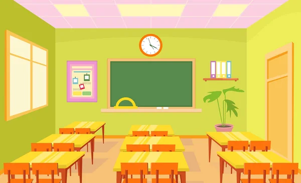 Ilustración vectorial del interior de la sala de clase escolar vacía en colores pastel brillantes con tablero y escritorios para niños en estilo plano de dibujos animados . — Archivo Imágenes Vectoriales