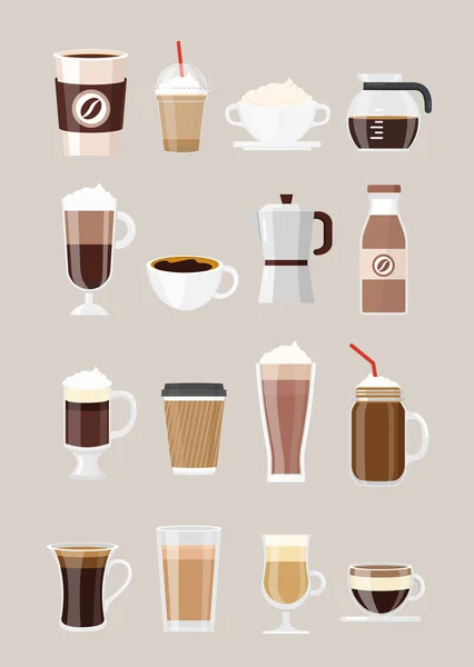 Illustrazione vettoriale set di diverse bevande al caffè, caffè in tazze, bicchieri isolati su sfondo grigio. Caffettiera, frullato al cioccolato, espresso, macchiato, cacao e frappe, americano, latte e — Vettoriale Stock