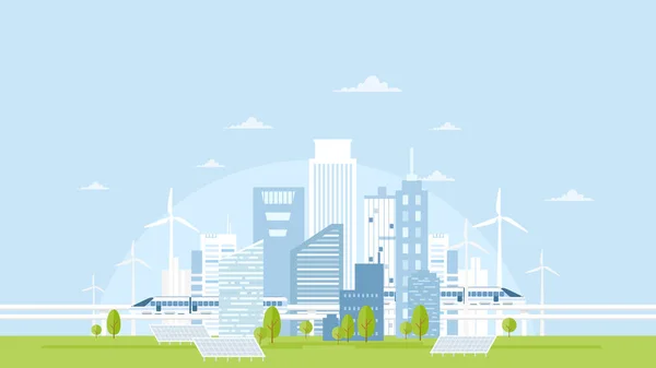 Illustrazione vettoriale di skyline eco città con edifici, pannelli solari, turbine eoliche e treni ad alta velocità su cielo azzurro. Concetto di eco living in stile flat . — Vettoriale Stock