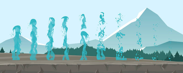 Vector illustration set of geysers, frozen streams and splashes of water isolated on mountains background in flat style.