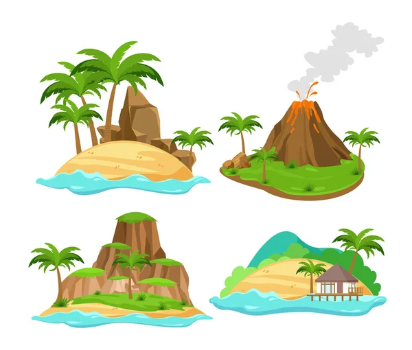 Conjunto de ilustrações vetoriais de diferentes cenas de ilhas tropicais com palmeiras e montanhas, vulcão isolado em fundo branco em estilo cartoon plano . —  Vetores de Stock