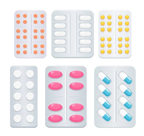 Vector illustration of medicine painkiller pills different types and colors, antibiotics drugs and vitamins collection. — Stock Vector