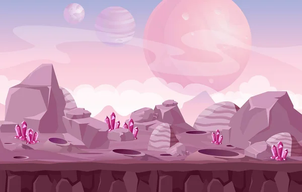 Ilustração vetorial da bela paisagem alienígena, fundo do espaço em cores rosa para o design do jogo . — Vetor de Stock