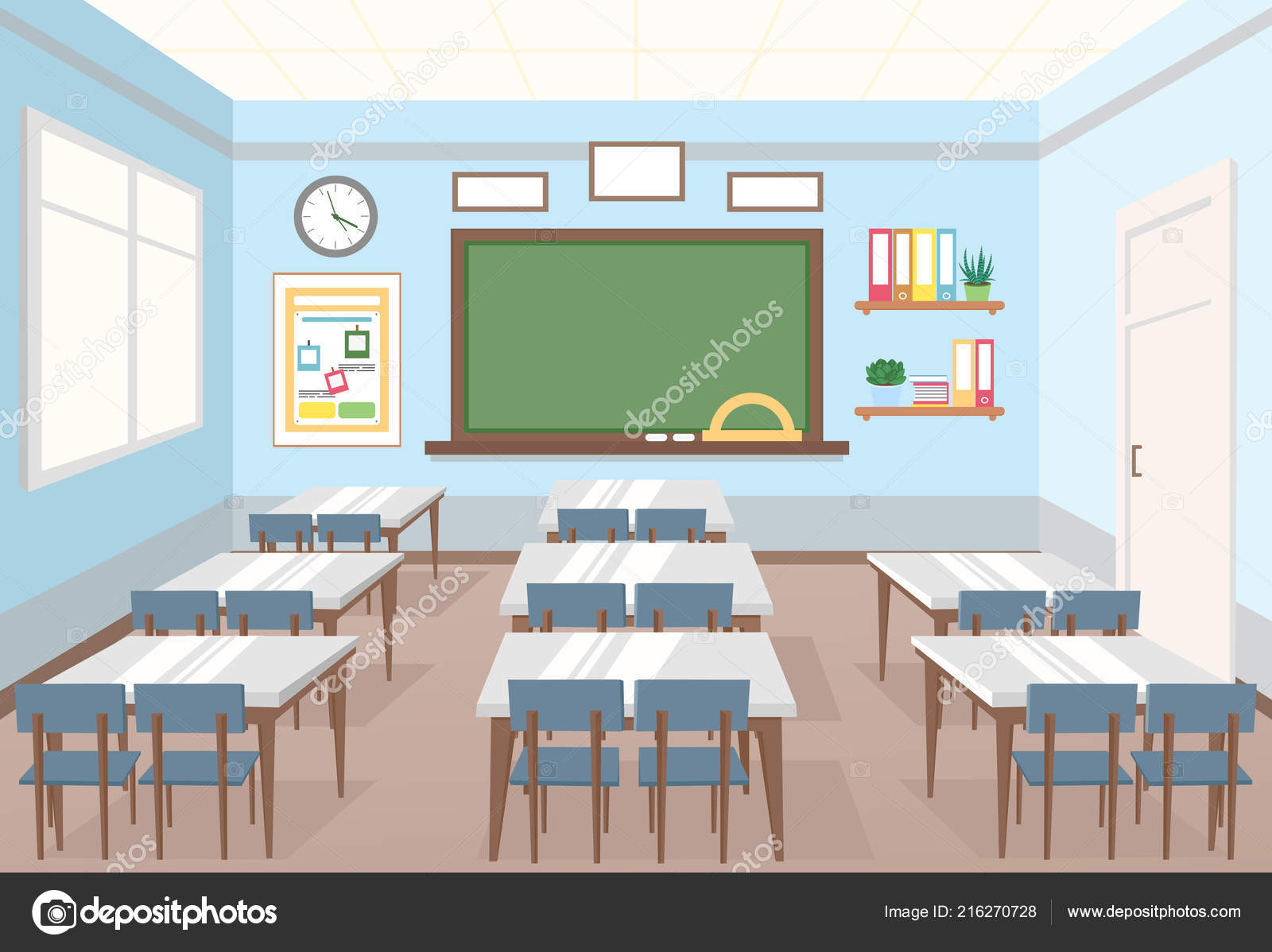 Image vectorielle Illustration vectorielle de la classe à l'école.  Intérieur vide de classe avec planche et pupitres pour enfants en style  dessin animé plat . par ©Nataliia2910@gmail.com - 216270728, image size:1600x1198