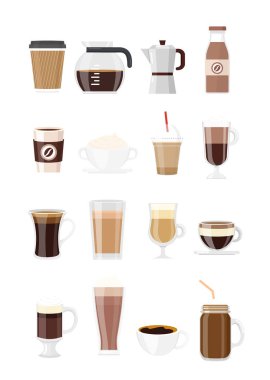Vektör çizim kahve içecekler ayarlayın. Farklı uç düz tarzında beyaz arka plan üzerinde izole kahve. Kahve makinesi, çikolatalı milkshake, espresso, macchiato, kakao ve frappe, americano